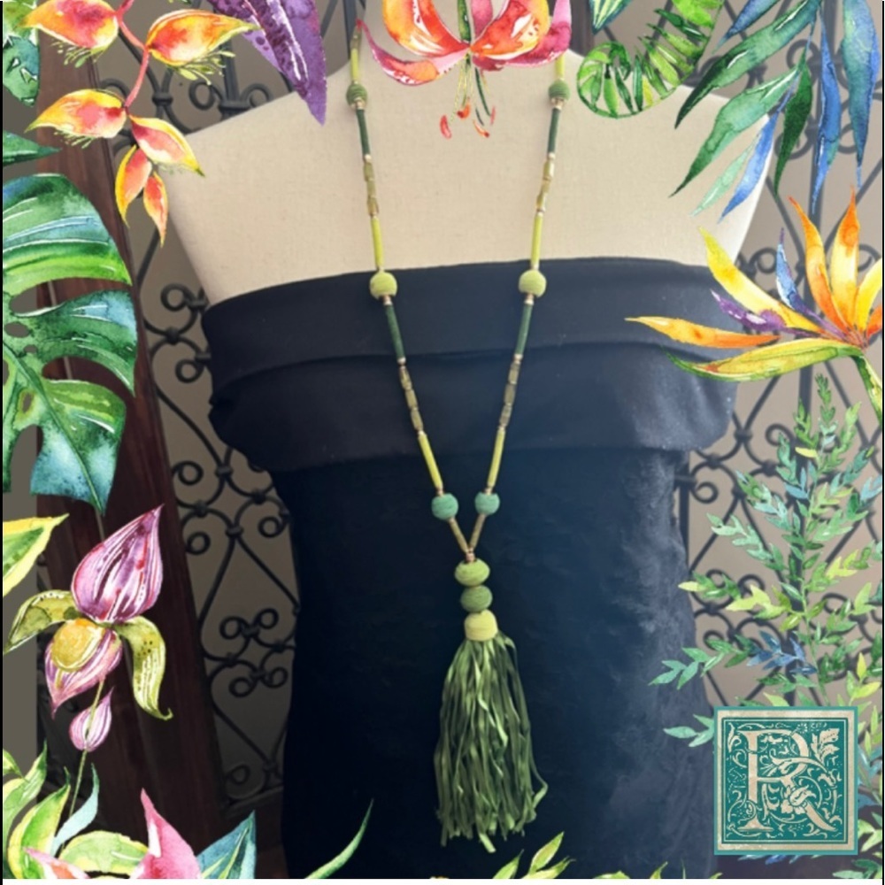 Chico’s Womens Green Tassel-Pendant Necklace